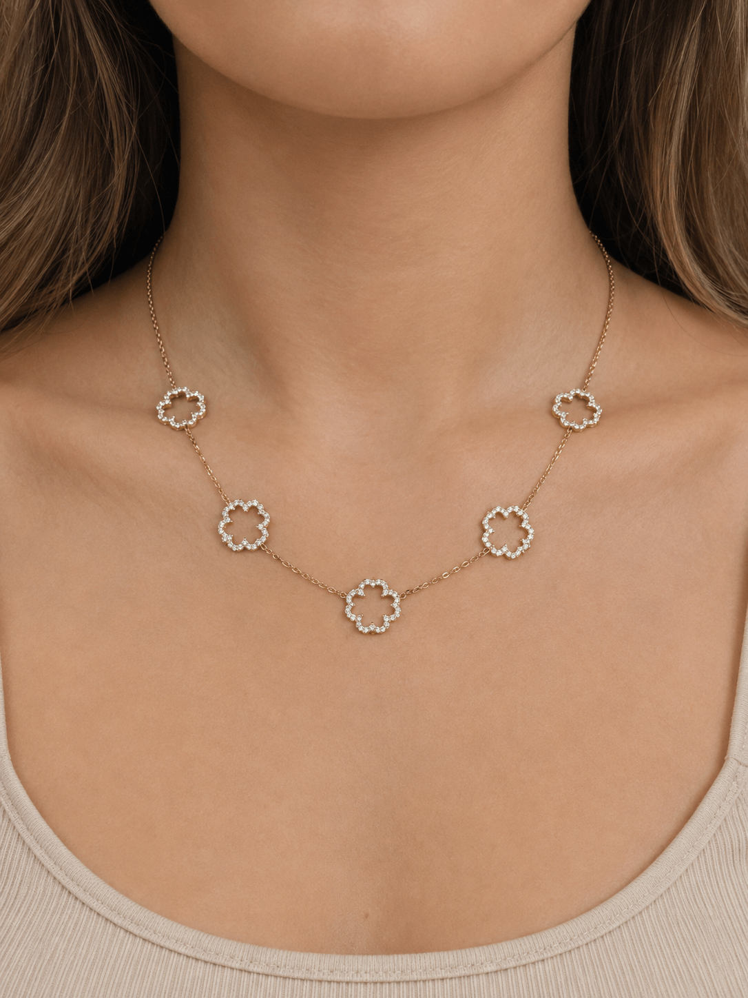 Collana Quadrifogli Dorata in Strass